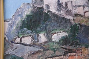 2001年　樋口善造作　岩城の町　油絵　100号程(油彩、額装)(R-047197)