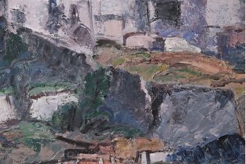 2001年　樋口善造作　岩城の町　油絵　100号程(油彩、額装)(R-047197)