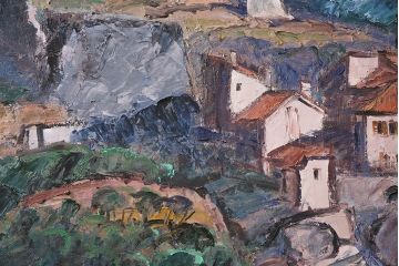 2001年　樋口善造作　岩城の町　油絵　100号程(油彩、額装)(R-047197)
