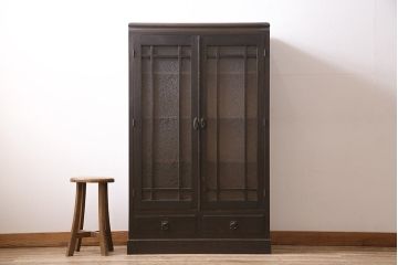 和製アンティーク　大正ロマン薫る結霜ガラスがおしゃれな本箱(ブックケース、収納棚、戸棚)(R-047198)