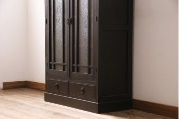 和製アンティーク　大正ロマン薫る結霜ガラスがおしゃれな本箱(ブックケース、収納棚、戸棚)(R-047198)