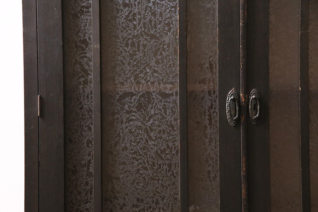 和製アンティーク　大正ロマン薫る結霜ガラスがおしゃれな本箱(ブックケース、収納棚、戸棚)(R-047198)