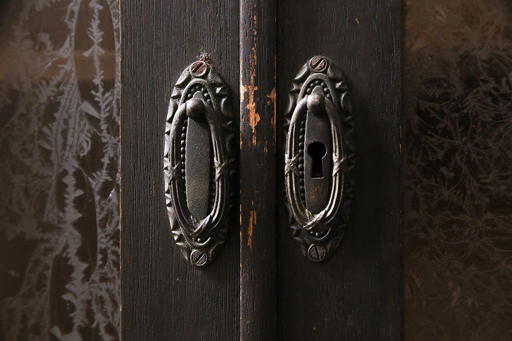 和製アンティーク　大正ロマン薫る結霜ガラスがおしゃれな本箱(ブックケース、収納棚、戸棚)(R-047198)