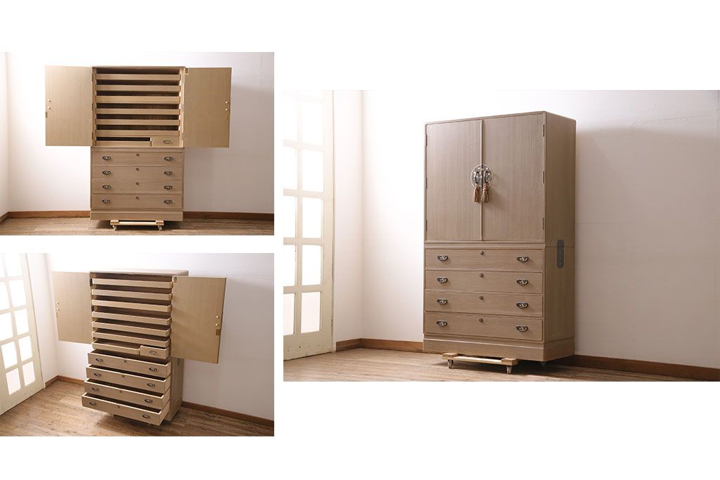 中古　伝統工芸　衣装盆付き　梅の花の意匠金具が上品な加茂総桐箪笥(総桐たんす、着物箪笥、収納箪笥、整理箪笥、和たんす)(R-047241)