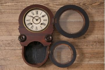 アンティーク時計　ホースマーク　マーブル模様の木目が味わい深い!四つ丸が特徴のゼンマイ式だるま時計(掛時計、柱時計、振り子時計)(R-047247)