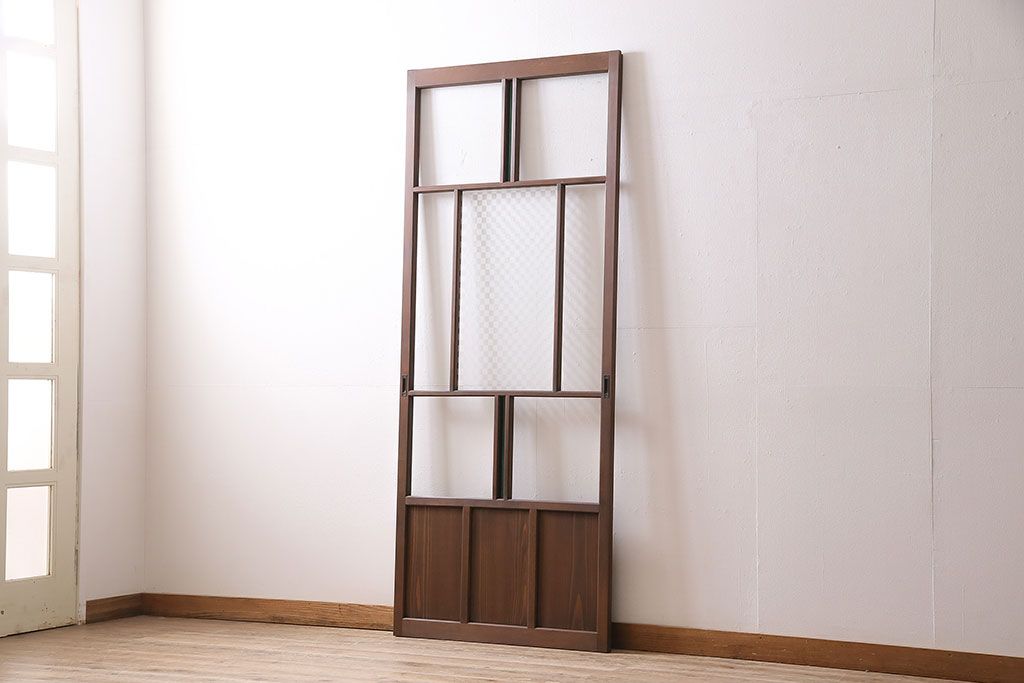 新古品　アンティーク建具　当店オリジナルガラス・市松模様　色ガラス・緑　空間のアクセントになるお洒落なガラス戸1枚(引き戸、建具)(R-047255)