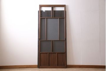 新古品　アンティーク建具　当店オリジナルガラス・市松模様　色ガラス・緑　空間のアクセントになるお洒落なガラス戸1枚(引き戸、建具)(R-047255)