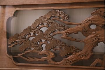 アンティーク建具　松と竹の彫りが美しい両面ガラスの彫刻欄間(明かり取り、明り取り)(R-047335)