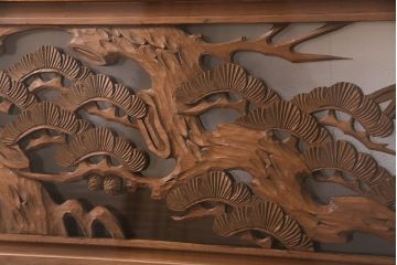 アンティーク建具　松と竹の彫りが美しい両面ガラスの彫刻欄間(明かり取り、明り取り)(R-047335)