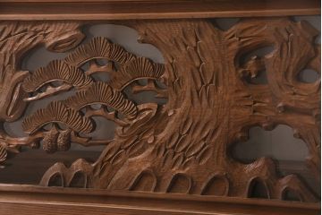 アンティーク建具　松と竹の彫りが美しい両面ガラスの彫刻欄間(明かり取り、明り取り)(R-047335)