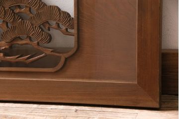 アンティーク建具　松と竹の彫りが美しい両面ガラスの彫刻欄間(明かり取り、明り取り)(R-047335)