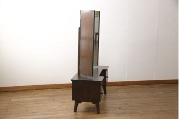 中古　松本民芸家具　和洋折衷の空間に馴染みの良い角型三面鏡・#222鞍型スツール2点セット(合わせて定価約49万円)(鏡台、ドレッサー、椅子)(R-047340)