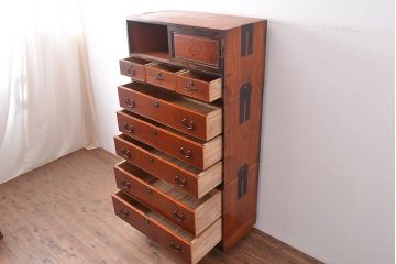 アンティーク　極美品　前面(黒柿孔雀杢・ケヤキ玉杢)　中(桐)　天板・側面(楠木)　漆塗り　群馬県の織物問屋から出てきました!!最高級の重ね箪笥(収納箪笥、整理箪笥、引き出し、チェスト)(R-047346)