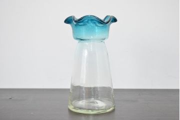 大正〜昭和初期　青フリル　ガラス花瓶(和ガラス、吹きガラス、氷コップ、花器、フラワーベース)(R-047423)