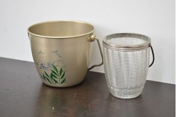 昭和レトロ　古い　アイスペール2点(アルミ、ガラス、日本製、アイスバスケット)(R-047440)