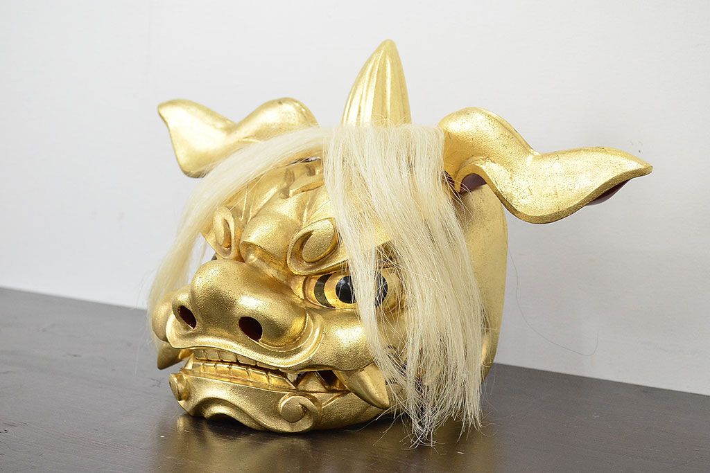 井波彫刻家　森田清一　木彫金獅子　共箱(彫刻、在銘、作家物)(R-047441)