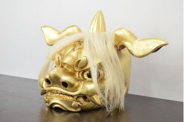 井波彫刻家　森田清一　木彫金獅子　共箱(彫刻、在銘、作家物)(R-047441)