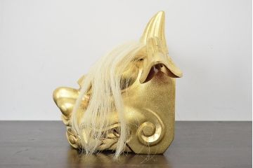 井波彫刻家　森田清一　木彫金獅子　共箱(彫刻、在銘、作家物)(R-047441)