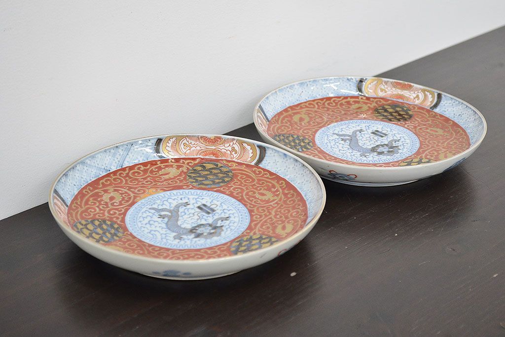 江戸幕末期　伊万里焼　唐草色絵　六寸皿2枚(中皿、和食器)(R-047451)