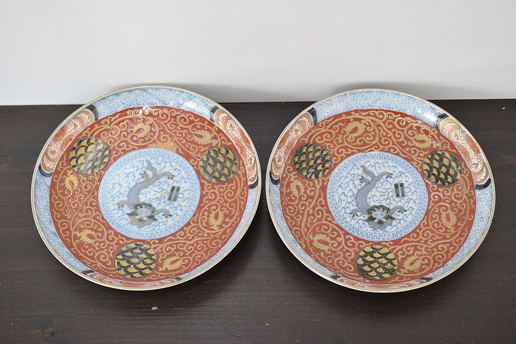 江戸幕末期　伊万里焼　唐草色絵　六寸皿2枚(中皿、和食器)(R-047451)