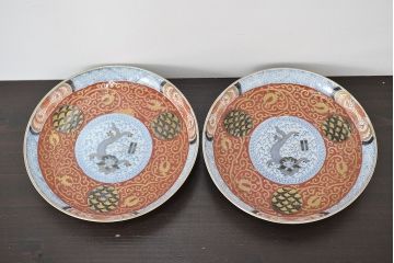 江戸幕末期　伊万里焼　唐草色絵　六寸皿2枚(中皿、和食器)(R-047451)