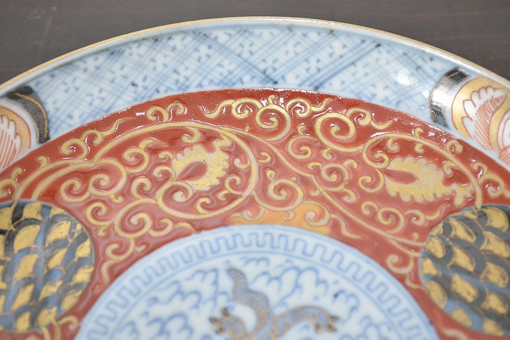 江戸幕末期　伊万里焼　唐草色絵　六寸皿2枚(中皿、和食器)(R-047451)