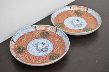 江戸幕末期　伊万里焼　唐草色絵　六寸皿2枚(中皿、和食器)(R-047452)