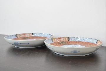 江戸幕末期　伊万里焼　唐草色絵　六寸皿2枚(中皿、和食器)(R-047452)
