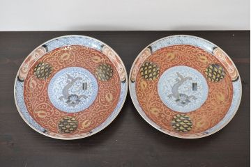 江戸幕末期　伊万里焼　唐草色絵　六寸皿2枚(中皿、和食器)(R-047452)
