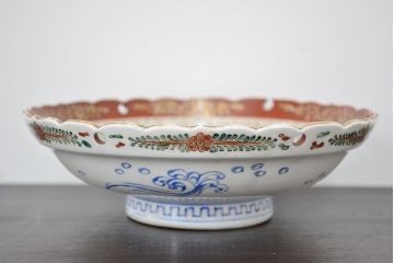 明治期　九谷焼　朝顔に蝶図　色絵　変形皿(透かし、和食器、深皿)(R-047455)