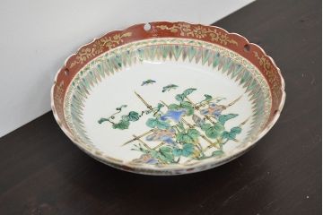 明治期　九谷焼　朝顔に蝶図　色絵　変形皿(透かし、和食器、深皿)(R-047455)