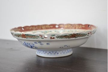 明治期　九谷焼　朝顔に蝶図　色絵　変形皿(透かし、和食器、深皿)(R-047455)