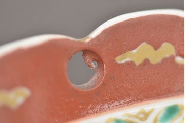 明治期　九谷焼　朝顔に蝶図　色絵　変形皿(透かし、和食器、深皿)(R-047455)