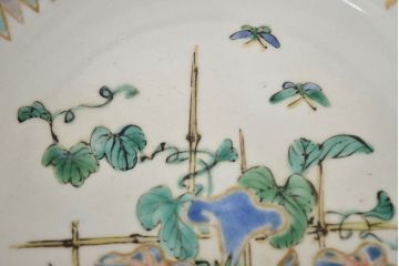 明治期　九谷焼　朝顔に蝶図　色絵　変形皿(透かし、和食器、深皿)(R-047455)
