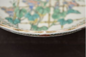 明治期　九谷焼　朝顔に蝶図　色絵　変形皿(透かし、和食器、深皿)(R-047455)
