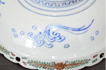 明治期　九谷焼　朝顔に蝶図　色絵　変形皿(透かし、和食器、深皿)(R-047455)
