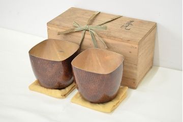 平安金栄堂　銅製内銀　盃洗一対　共箱(酒器)(R-047457)