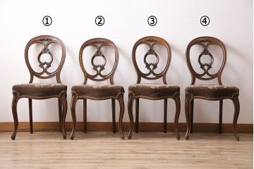 フランスアンティーク　マホガニー材　凝った彫りが優雅な雰囲気を醸し出すバルーンバックチェア4脚セット(ダイニングチェア、椅子)(R-047516)