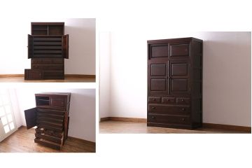 中古美品　松本民芸家具　直線的なデザインがシックな印象を醸し出すD型和タンス(箪笥、チェスト)(定価約58万円)(R-047549)