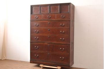 【簡易リペア限定品】和製アンティーク　前面漆塗り(ケヤキ玉杢・黒柿)　中(楠木)　天板・側面(ケヤキ)　高級品!品のある佇まいが魅力的な指物家具の重ね箪笥(収納箪笥、整理箪笥、引き出し、チェスト)(R-047558)