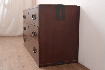 【簡易リペア限定品】和製アンティーク　前面漆塗り(ケヤキ玉杢・黒柿)　中(楠木)　側面(ケヤキ)　高級品!品のある佇まいが魅力的な指物家具の箪笥ローボード(収納箪笥、時代箪笥、引き出し、チェスト)(R-047560)