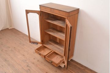 和製アンティーク　大正ロマンな雰囲気漂う前面ケヤキ材製の本箱(本棚、ブックケース、シェルフ、ガラス戸棚)(R-047563)
