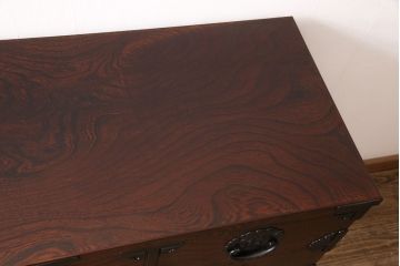 中古　伝統民芸家具　岩谷堂箪笥　No.999　くっきりとした杢目と牡丹紋様の金具が力強い存在感を放つ四尺整理タンス(衣装箪笥、引き出し、チェスト)(R-047568)