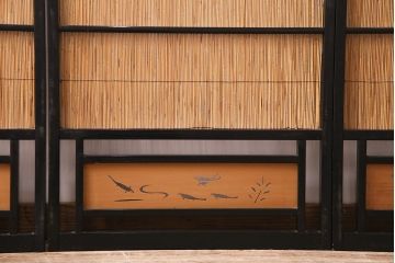 ビンテージ建具　上手物　漆塗り　泳ぐ鯉の透かしが風情漂う御簾戸4枚セット(簾戸、簀戸、葭戸、夏障子、夏戸、葦戸)(R-047612)