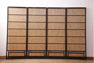 ビンテージ建具　上手物　漆塗り　泳ぐ鯉の透かしが風情漂う御簾戸4枚セット(簾戸、簀戸、葭戸、夏障子、夏戸、葦戸)(R-047612)