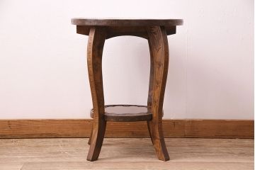 中古　伝統工芸　軽井沢彫り　華やかな桜の彫刻が見事なサイドテーブル(丸テーブル、花台、飾り台、カフェテーブル)(R-047635)