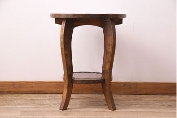 中古　伝統工芸　軽井沢彫り　華やかな桜の彫刻が見事なサイドテーブル(丸テーブル、花台、飾り台、カフェテーブル)(R-047635)