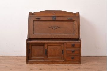 和製アンティーク　ナラ材　コンパクトサイズが魅力的!シンプルなデザインのライティングビューロー(簿記机、在宅ワーク、在宅用ワークデスク)(R-047673)