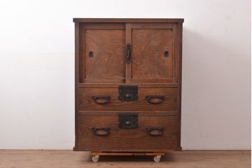 和製アンティーク　明治期　ケヤキ材の杢目が魅力的な帳場箪笥(時代箪笥、収納箪笥)(R-047674)