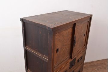 和製アンティーク　明治期　ケヤキ材の杢目が魅力的な帳場箪笥(時代箪笥、収納箪笥)(R-047674)